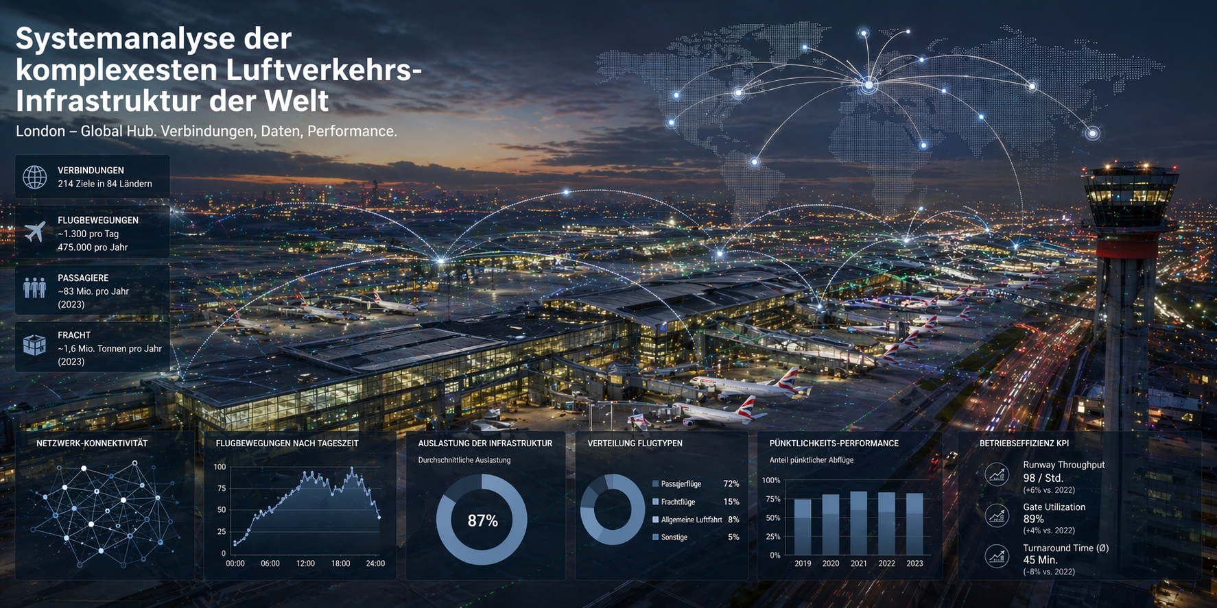 Datenanalyse der Flughafen-Infrastruktur London mit Fokus auf Kapazitätsplanung und Konnektivität
