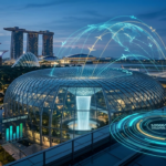 Strategische Datenanalyse-Visualisierung des Changi Airport (Jewel) und der Singapur-Skyline mit Kapazitätsmetriken und globalen Konnektivitätsrouten.