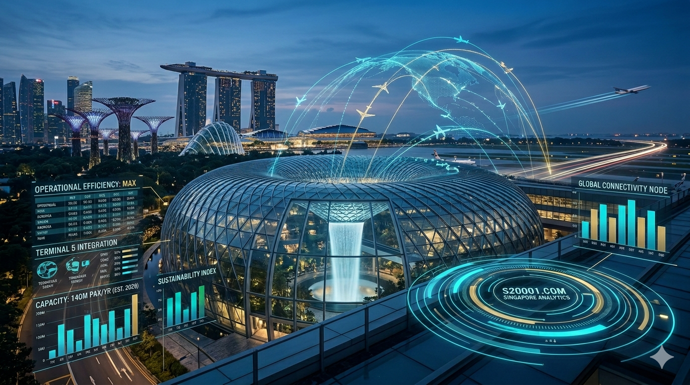 Strategische Datenanalyse-Visualisierung des Changi Airport (Jewel) und der Singapur-Skyline mit Kapazitätsmetriken und globalen Konnektivitätsrouten.