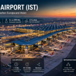 Istanbul Airport bei Sonnenuntergang mit Terminal, Runways und Flugzeugen als globaler Luftverkehrs-Superhub zwischen Europa und Asien