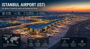 Istanbul Airport bei Sonnenuntergang mit Terminal, Runways und Flugzeugen als globaler Luftverkehrs-Superhub zwischen Europa und Asien