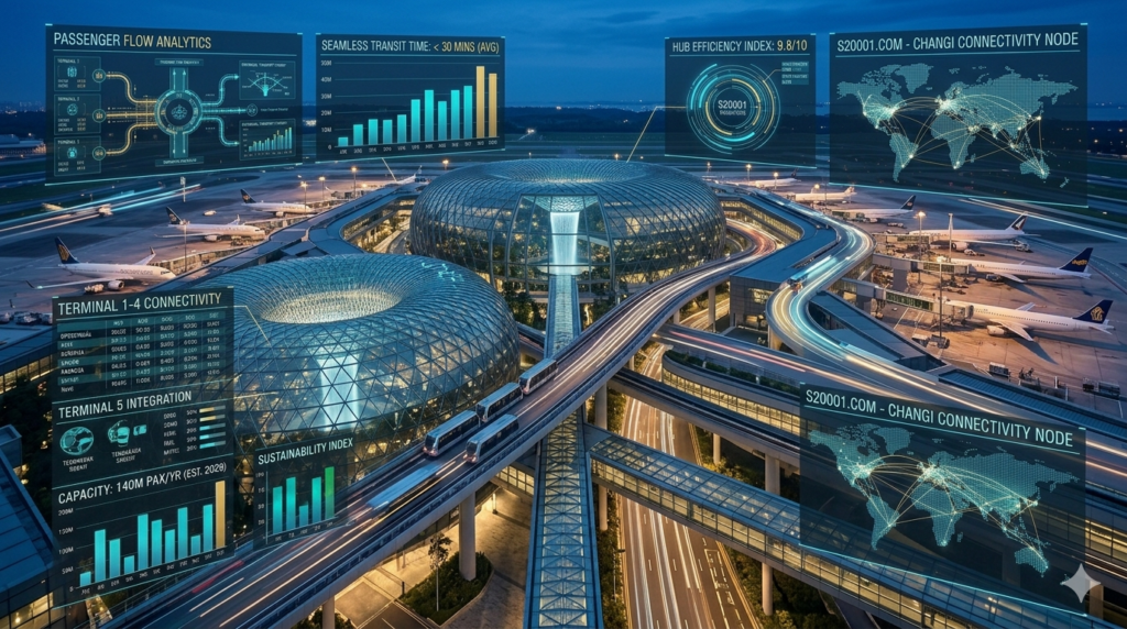 Datenvisualisierung des Passagierflusses und der Terminal-Konnektivität am Changi Hub Singapur bei Dämmerung.