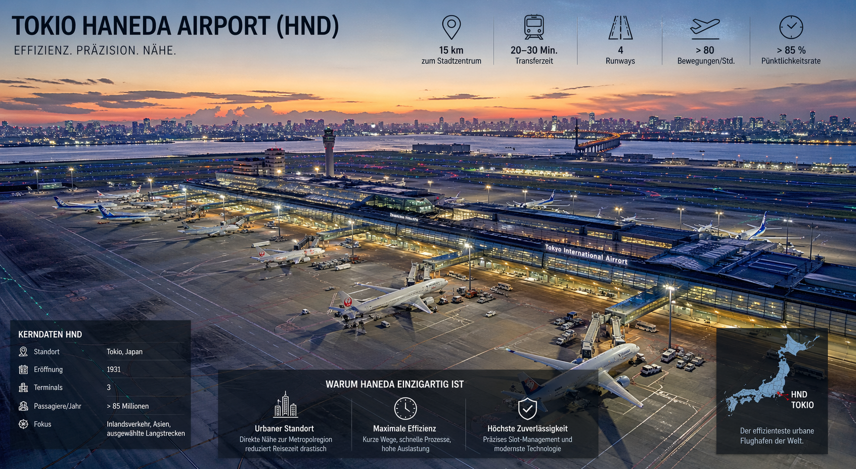 Tokio Haneda Airport bei Dämmerung mit Runways, Terminal und Skyline als effizienter urbaner Luftverkehrsknoten